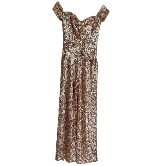 Dress The Population Elon Sequin Off-Shoulder Jumpsuit Champange Women's Size XS - Picture 10 of 12